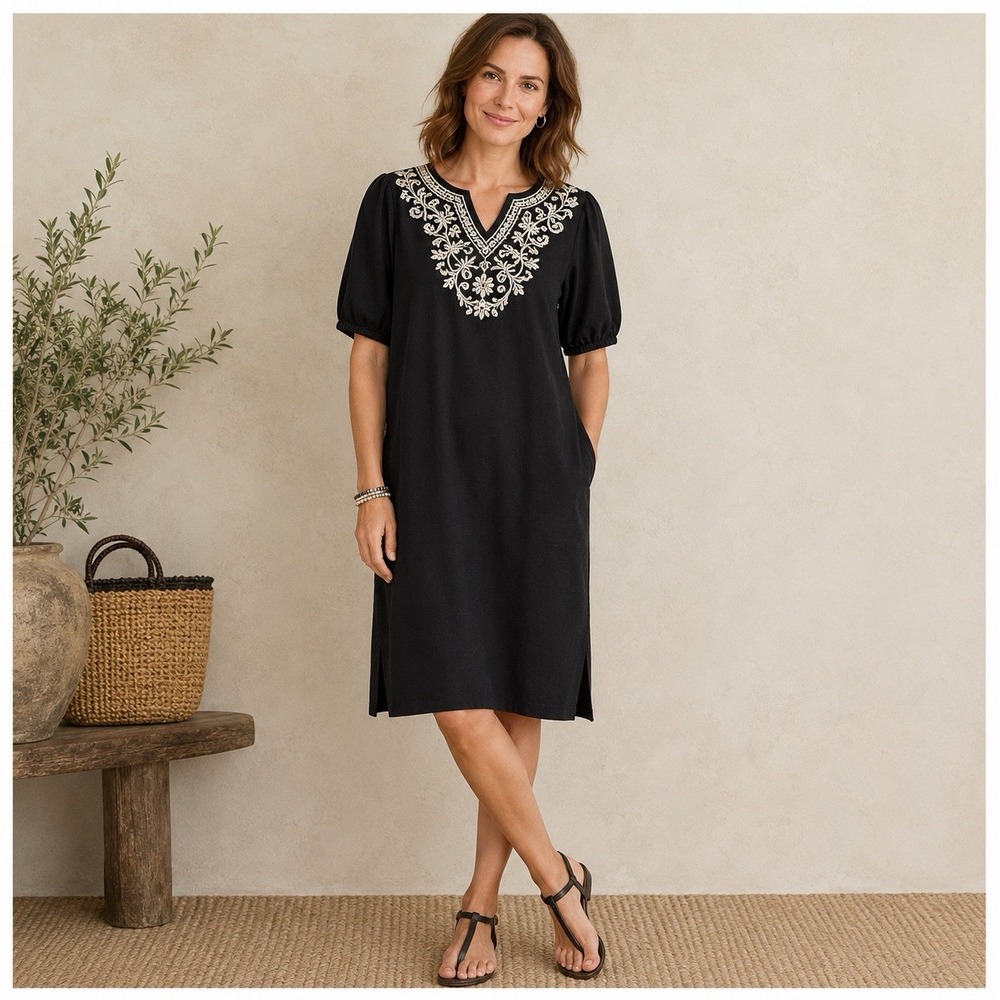 J. Jill Black Soutache Shift Dress Knit M Embroidered Cotton Tencel Boho NWT